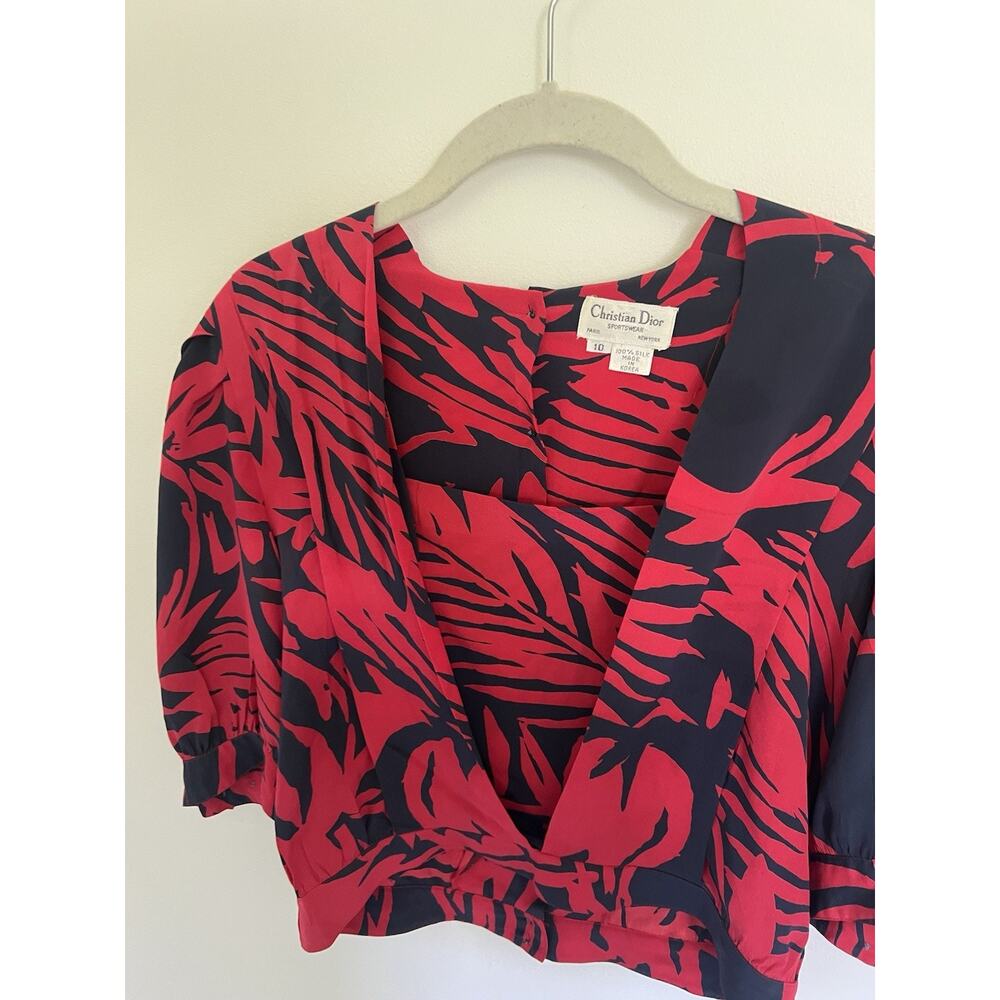 VTG Christian Dior Sportswear Size 10 Printed Silk Cropped Blouse Tropical Red - Picture 3 of 9